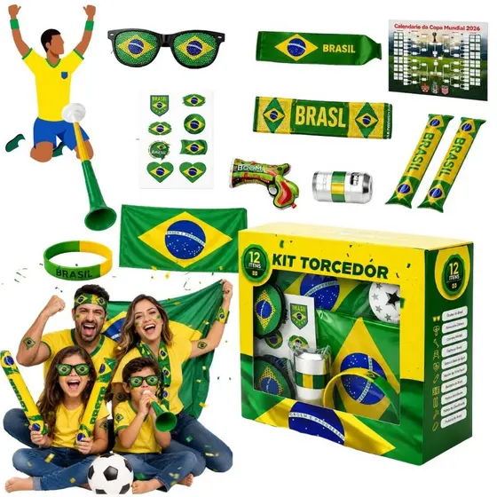 Kit Torcedor Brasil 12 Itens Copa 2026 Bandeira Óculos Corneta Adesivos Faixa Festa Futebol - Vuvuzela Brasil Copa