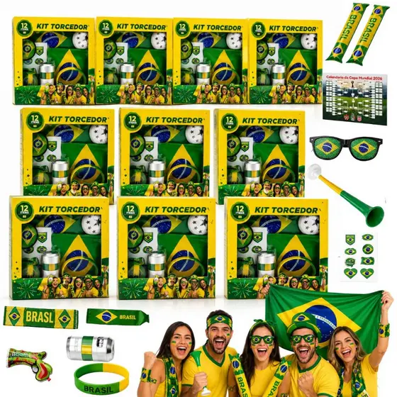 Kit Torcedor Brasil Copa 2026 Combo Bandeira Corneta Óculos Adesivo Festa Futebol - Kit copa do mundo atacado