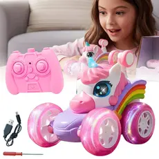 Carrinho de Controle Remoto Unicórnio 360 Brinquedo de Menina Carro Rosa Recarregável Led Infantil