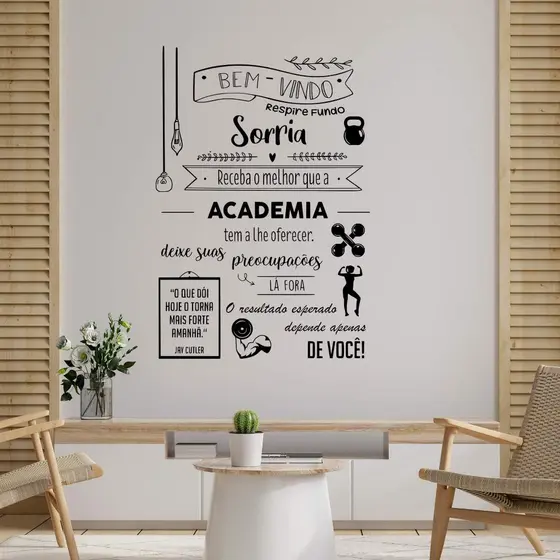 Adesivo de Parede Frase Bem Vindo Academia Palavras Motivação Força Recepção Loja Fitness