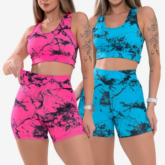 Kit 2 Conjunto Top e Short  Marmorizado Tie Dye Academia Fitness Caminhada Ciclismo Ginastica