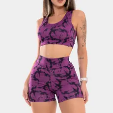 Conjunto Feminino Shorts e Top Marmorizado Degrade Fitness Ginastica