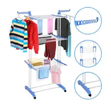 Varal de Roupas com 3 Andares de Chão Dobrável Portátil Vertical Grande Retrátil Reforçado e Resistente Azul