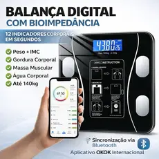 Balança Digital Inteligente Bioimpedância Bluetooth Aplicativo Visor LCD Premium Peso Medida Gordura