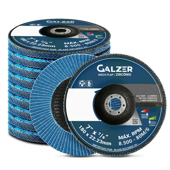 Kit 10 Discos Cônico Lixa Flap Zircônio 7 X 7/8 Pol. (180 mm x 22,23 mm) Grão 100