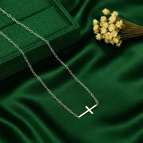 Choker Cruz Deitada Lisa em Prata 925 Legítima Colar Gargantilha Feminina