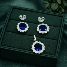 Conjunto Brinco E Pingente Cravejado Com Zircônia Azul Em Prata 925