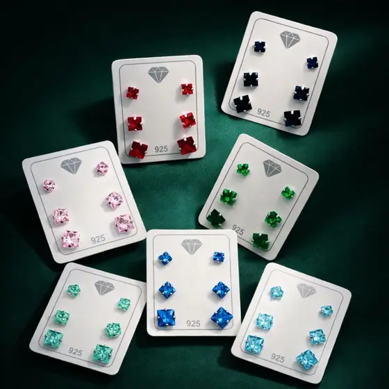 Trio de Brincos Prata 925 Legítima com Zircônia Quadrada Feminino Kit