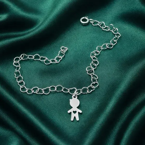Pulseira Elos de Corações com Pingente Filho Menino em Prata 925 Legítima