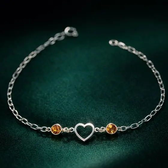 Pulseira Coração Vazado Pedra Citrino em Prata 925 Pulseira Feminina Delicada