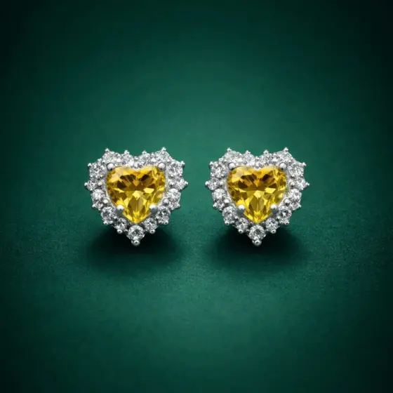 Brinco de Prata 925 Coração Amarelo com Pedras Cravejadas Transparente