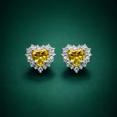 Brinco de Prata 925 Coração Amarelo com Pedras Cravejadas Transparente