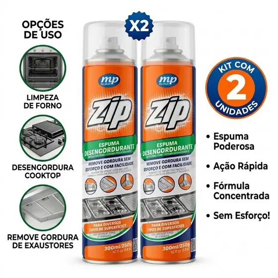Kit com 2 Aerossóis Zip Clean Desengordurante Para Limpeza de Fogões Coifas Grelhas Remove a Gordura