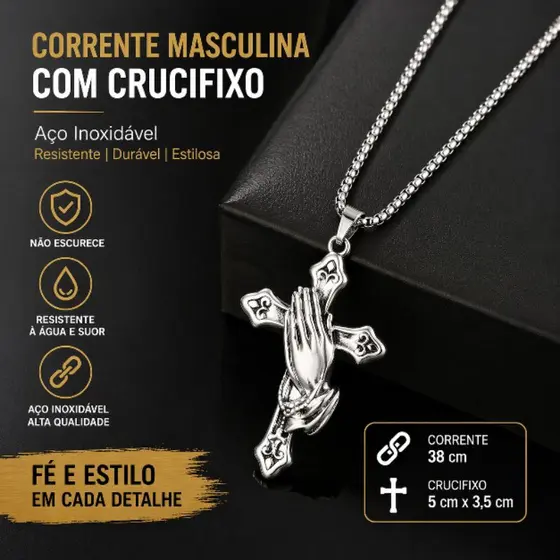 Cordão Masculino Aço Inoxidável com Cruz 38cm Estiloso Durável Não Enferruja Resistente à Água Pronta Entrega