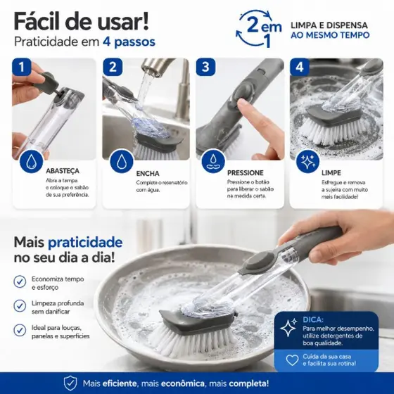 Escova Porta Detergente Multiuso 2 em 1 Clink - Prática e Versátil para Limpeza Diária