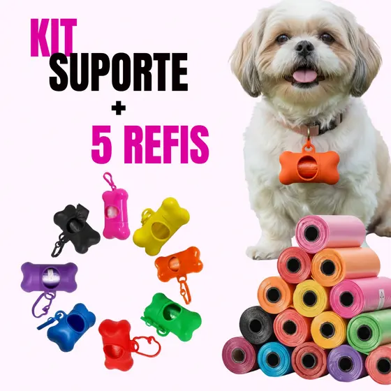 Kit Porta Refil + Saquinho Cata Caca Higiênico Cão Cachorro Saco de Passeio para Coleta de Fezes