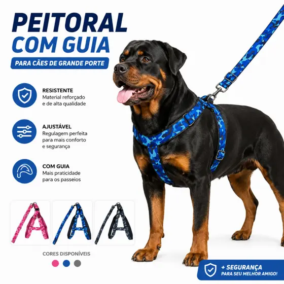 Peitoral Coleira + Guia para Cachorro Cão Porte Medio Grande Forte Resistente