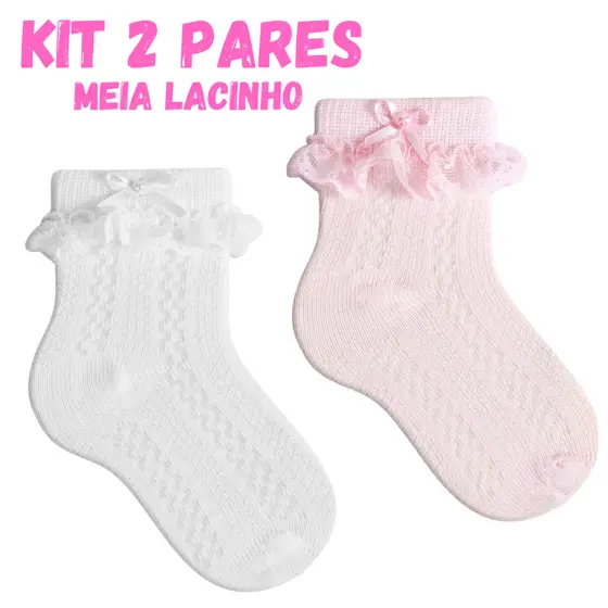 Kit 2 Pares Meia Infantil Batizado Soquete Laço Renda Menina Bebê Casamento Promoção