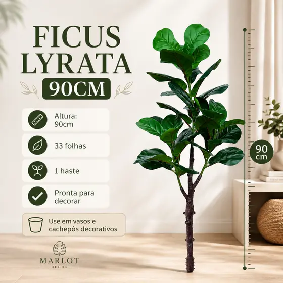 Planta Artificial Ficus Lyrata 90cm Realista Haste Decorativa Para Sala Escritório