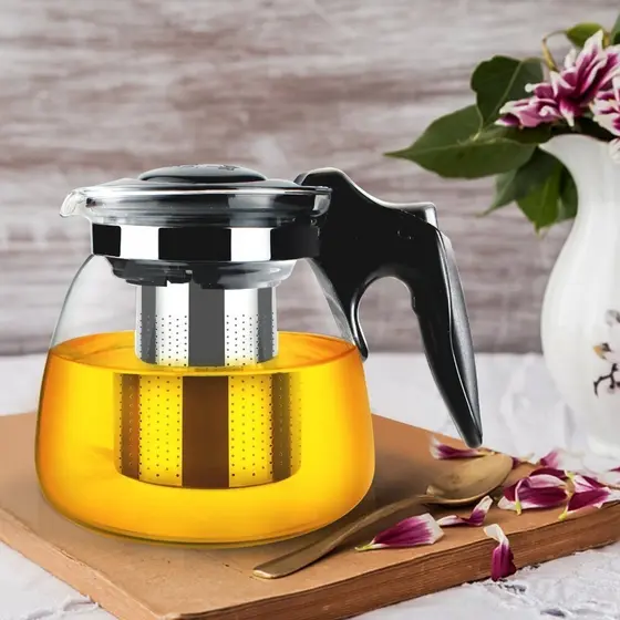 Chaleira Bule De Vidro Com Infusor Inox Com Tampa Para Chá Café
900ML