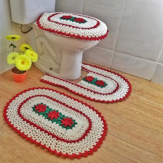 Tapete De Crochê Jogo De Banheiro Conjunto 3 Peças Kit Flor Artesanal