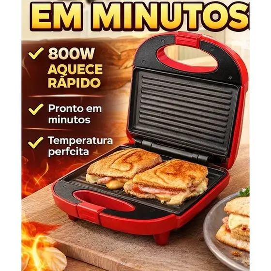 Sanduicheira Elétrica 800W Antiaderente 127V Compacta Rápida + Luz Indicadora