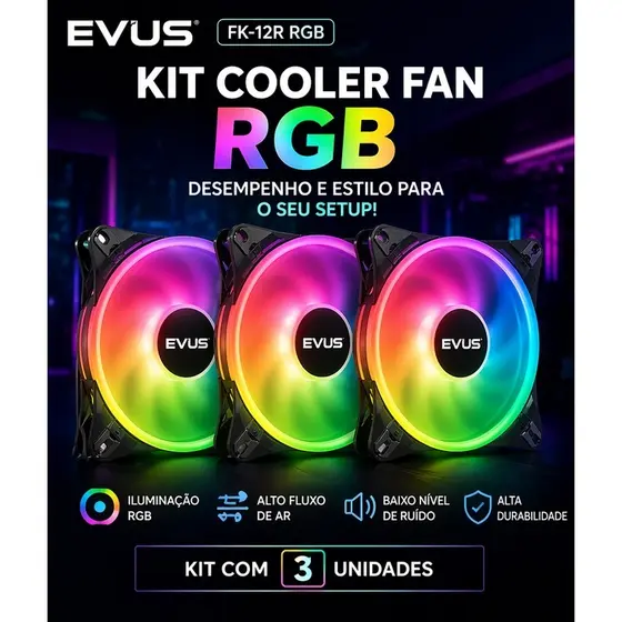 Kit 3 Cooler Fan Evus FK-12R RGB 120mm | Iluminação Gamer + Alto Desempenho