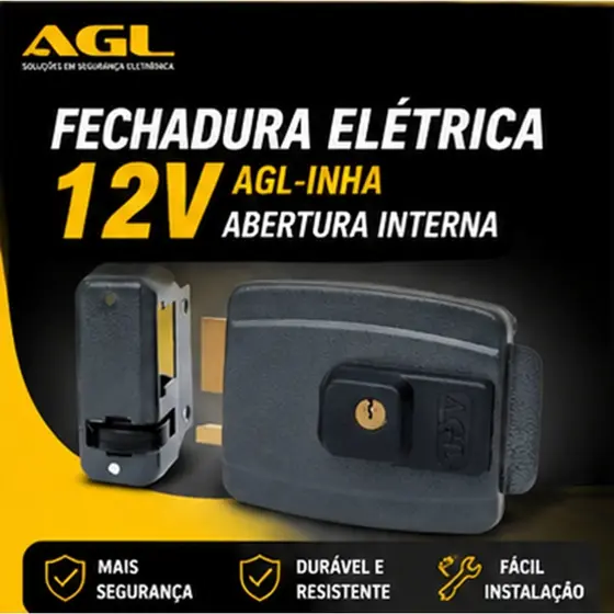 Fechadura Elétrica 12V AGL-Inha Abertura Interna Segurança Residencial