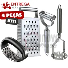 Kit 4 Utensílios para Cozinha Inox Triturador de Alho Descascador Legumes Amassador Batata Ralador