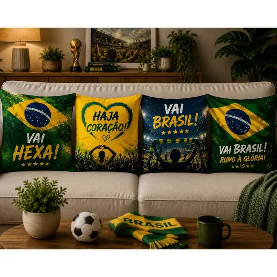 Kit 4 Capas De Almofada Brasil Tema Copa 45x45 Decorativas