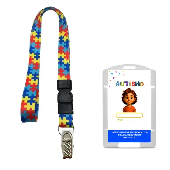 Cordão Autismo Porta Crachá Girassol Quebra Cabeça Inclusão
