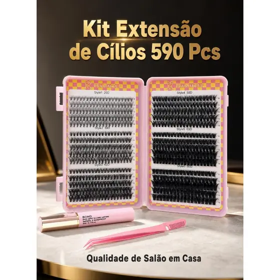 Kit Extensões de Cílios D-Curl 590 Peças 9-14mm 20D-80D Clusters Fofos Naturais para Cílios Volumosos e Naturais