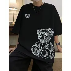 Camiseta Básica Masculina Hypemode Masculina De Ombros Caídos Com Padrão De Urso Dos Desenhos