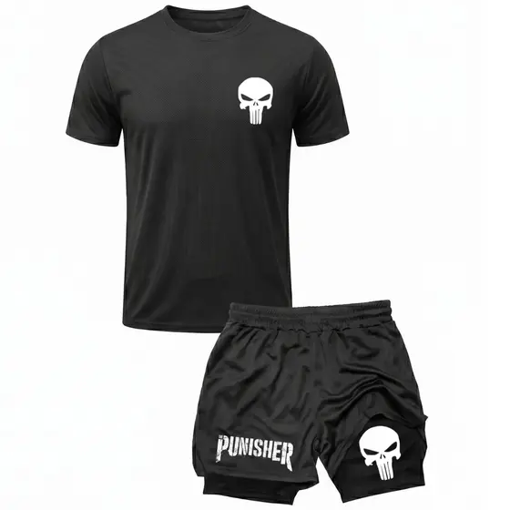 Kit Academia Treino Camiseta Dry Fit + Short 2 Em 1 Compressão Punisher