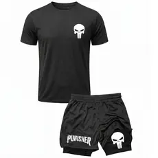 Kit Academia Treino Camiseta Dry Fit + Short 2 Em 1 Compressão Punisher