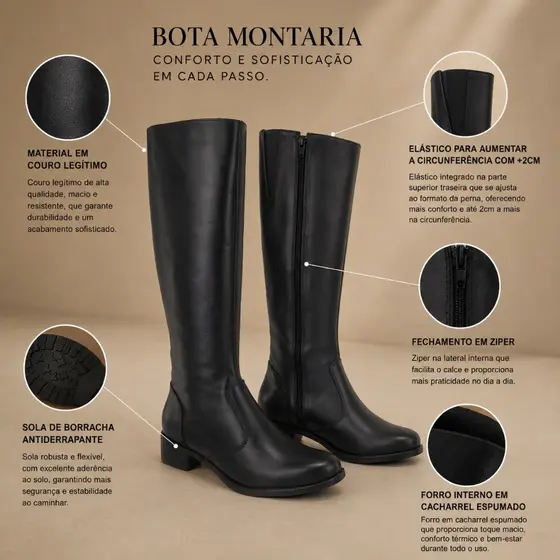 Bota em Couro Legítimo Montaria Feminina Modelo Liso Cano Alto