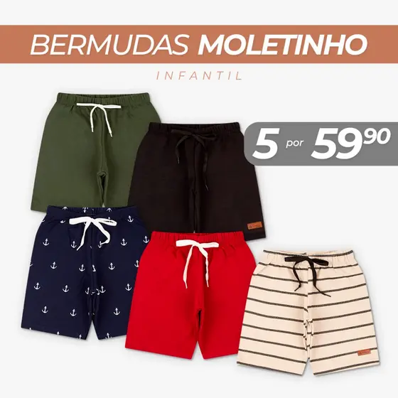 Kit Sortido 2 ou 5 Bermuda 100% algodão Infantil Menino 1 ao 10 Bermudas infantil menino bebe 100% Algodão