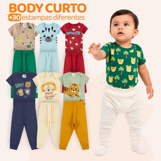 Kit 6 Peças de Roupas para Bebê Menino (3 Body Curto + 3 Calça Mijão) Kit 3 Body Roupa Infantil Bebê