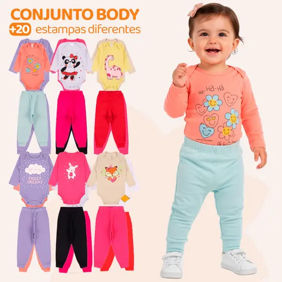 Kit 4 Peças de Roupas para Bebê Menina (2 Body Longo + 2 Calça Mijão) Kit 2 Body Roupa Infantil Bebê