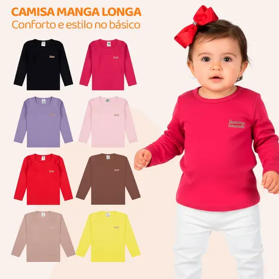 Kit 3 Blusas Manga Longa Bebê Menina Neném Baby Algodão Lisa Básica Feminino Inverno Roupa de Frio Camiseta Kids