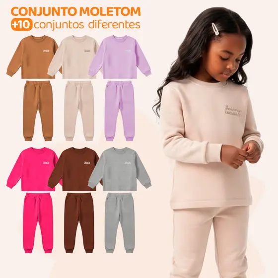 Kit 4 Peças Moletom Minimalista Infantil Menina Kids Criança Blusa e Calça Manga Longa Roupa de Frio Inverno Liso