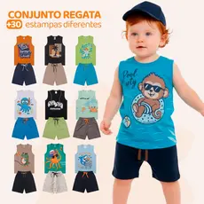 Kit  6 ou 8 Peças de Conjunto Regata para Meninos Infantil Masculino Blusa e Shorts De Verão Em Algodão