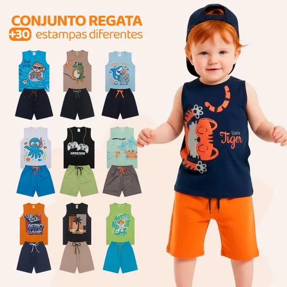 Kit 4 ou 8 Peças de Conjunto Regata para Meninos Infantil Masculino Roupa de Bebe Verão Estampado em Algodão para Calor