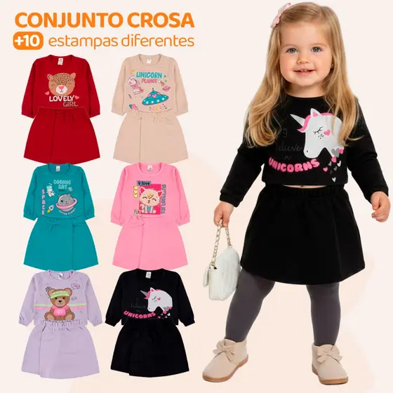 Kit Sortido 4 Peças Menina Short Saia e Cropped Moletinho 100% Algodão ou Kit Sortido 2 Conjunto Menina, Tamanho 2 ao 10