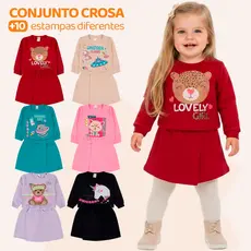 Kit Sortido 2 Peças Menina Short Saia e Cropped Moletinho 100% Algodão Tamanho 2 ao 10