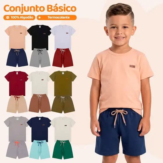 Kit Básico 8 Peças Roupa Infantil Menino - 4 Camisetas Básicas + 4 Bermudas - 4 Conjuntos Lisos Bebê Menino