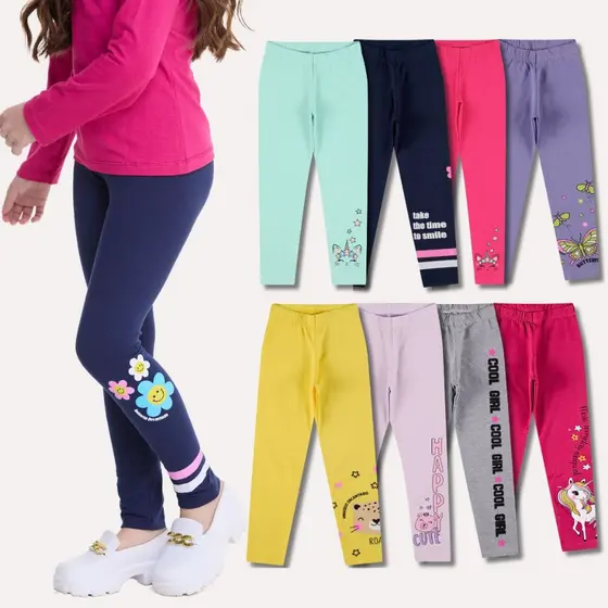 Kit Sortido 3 ou 6 Calças Leggings de Cotton para Meninas Lisa Com Estampas Fofas Infantil Feminino