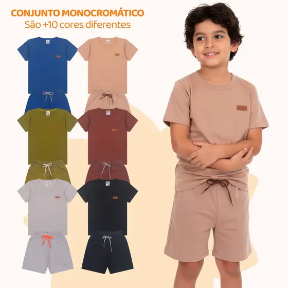 Kit 2, 6 ou 10 Peças de Roupa Infantil de Menino Estilo Casual Minimalista Monocromático Verão Bebe Menino Casual