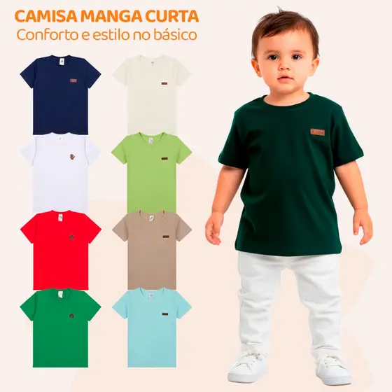 Camiseta Bebê Menino Básica Lisa Manga Curta Neném Roupa Masculino Blusa Algodão Casual Baby Verão com Agasalho L12