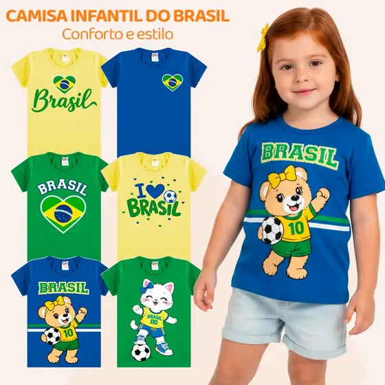 Kit 3 ou 2 Camiseta infantil menina Blusa Brasil Copa 2026 algodão seleção brasileira roupa menina amarelo azul verde